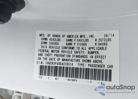 2014 Honda Accord Ex-L V-6 из США, поврежденный, VIN 1HGCR3F89EA039514